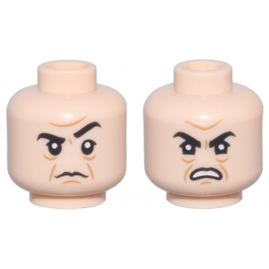 light nougat minifigure head dual sided black eyebrows medium nougat furrowed brow chin dimple and jowl lines frown with raised eyebrow angry open mouth scowl with teeth pattern