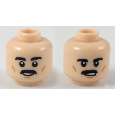 light nougat minifigure head dual sided black eyebrows and moustache medium nougat cheek lines smile nervous smile pattern