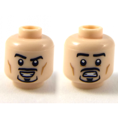 light nougat minifigure head dual sided black eyebrows and anchor beard smiling scared expression pattern