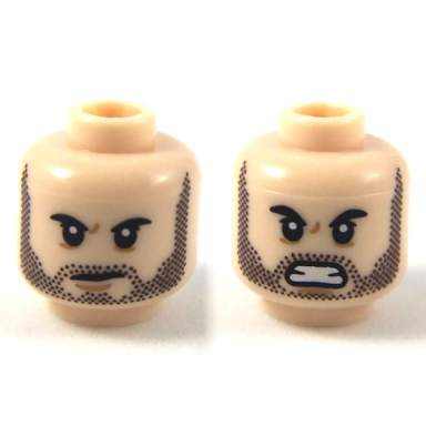light nougat minifigure head dual sided dark brown heavy stubble small scowl furious expression pattern