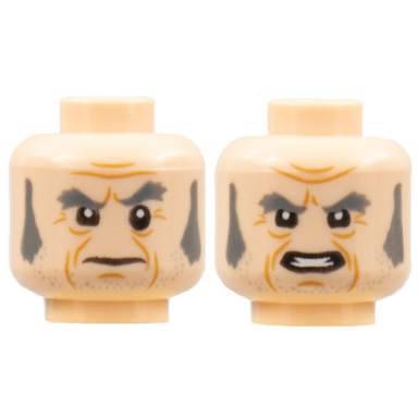 light nougat minifigure head dual sided dark bluish gray eyebrows and sideburns cheek lines frown mouth with teeth pattern