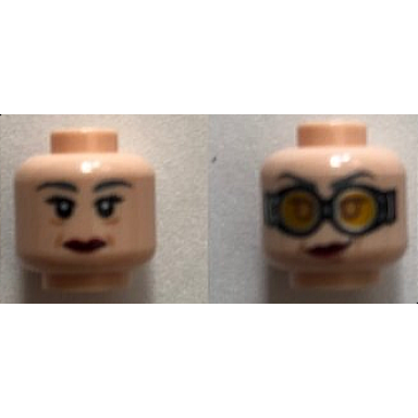 light nougat minifigure head dual sided female dark bluish gray eyebrows dark red lips eyes with pupils goggles pattern madame hooch