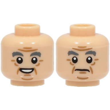 light nougat minifigure head dual sided dark bluish gray eyebrows medium nougat wrinkles and chin dimple open mouth smile frown pattern