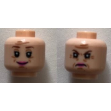 light nougat minifigure head dual sided female reddish brown eyebrows eyes with pupils wrinkles pink lips smile frown pattern dolores umbridge