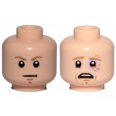 light nougat minifigure head dual sided dark tan eyebrows chin dimple white pupils stern scared sunken left eye pattern sw luke skywalker