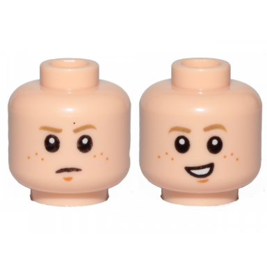 light nougat minifigure head dual sided child dark tan eyebrows medium nougat freckles and chin dimple frown lopsided open mouth smile with teeth pattern