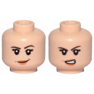 light nougat minifigure head dual sided female dark brown eyebrows black eyelashes nougat lips medium nougat dimples lopsided grin angry open mouth scowl with teeth pattern
