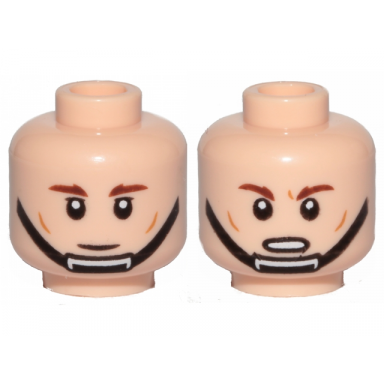 light nougat minifigure head dual sided reddish brown eyebrows cheek lines black chin strap neutral closed mouth frown open mouth with teeth pattern
