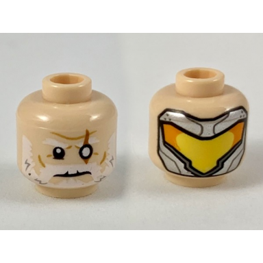 light nougat minifigure head dual sided white eyebrows and beard white left eye with slash scar silver mask with yellow and orange visor pattern