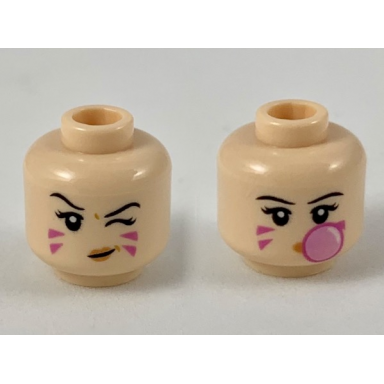 light nougat minifigure head dual sided female black eyebrows dark pink stripes on cheeks left eye winking blowing bubblegum bubble pattern