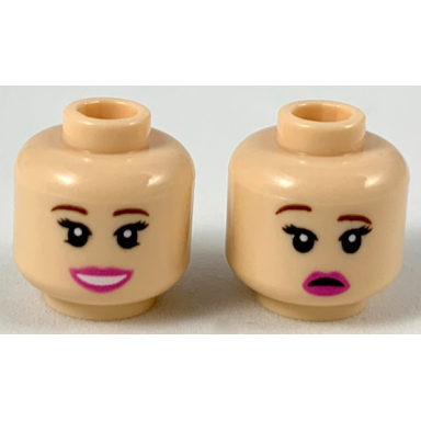 light nougat minifigure head dual sided female reddish brown eyebrows dark pink lips smile worried with right eyebrow raised pattern