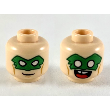 light nougat minifigure head dual sided green eye mask with eye holes smirk open mouth smile with tongue pattern