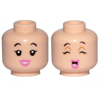 light nougat minifigure head dual sided female black eyebrows pink lips smile cheerful pattern betty rubble