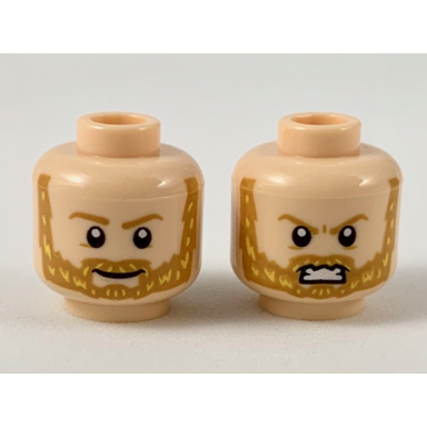 light nougat minifigure head dual sided medium nougat eyebrows and beard with yellow highlights smile fierce pattern