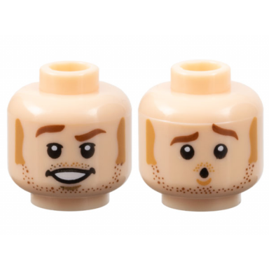light nougat minifigure head dual sided male reddish brown eyebrows and beard stubble medium nougat sideburns and chin dimple open mouth smile with teeth worried pattern