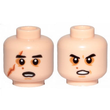light nougat minifigure head dual sided sw black eyebrows sunken eyes red beauty mark mole right eye scar open mouth determined pattern kylo ren