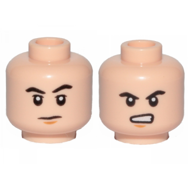 light nougat minifigure head dual sided black eyebrows medium nougat chin dimple neutral angry with bared teeth pattern