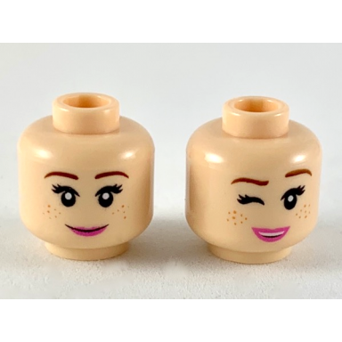 light nougat minifigure head dual sided female reddish brown eyebrows dark orange freckles dark pink lips smile wink pattern