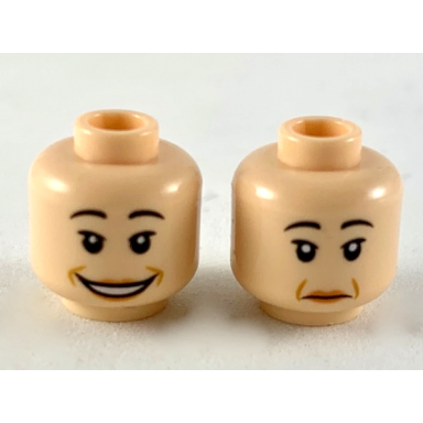 light nougat minifigure head dual sided female black eyebrows medium nougat lips and jowel lines wide smile neutral pattern