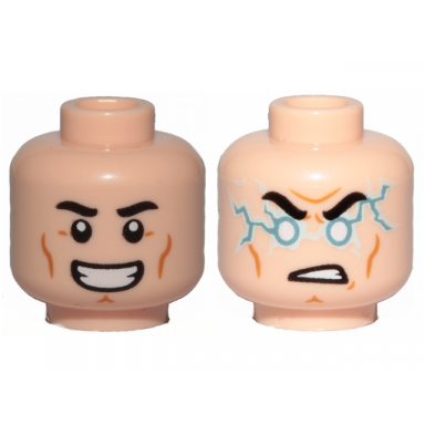 light nougat minifigure head dual sided black eyebrows cheek lines smile light blue lightning bolts pattern