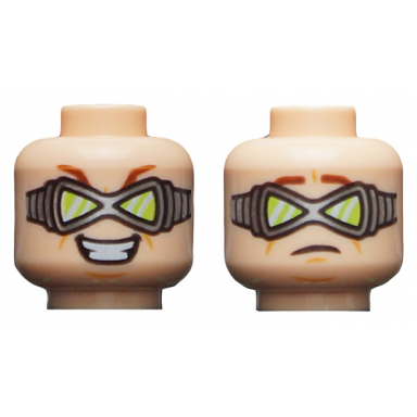light nougat minifigure head dual sided reddish brown eyebrows silver goggles with lime triangular lenses evil grin worried expression pattern