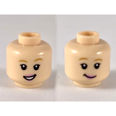 light nougat minifigure head dual sided female medium nougat eyebrows bright pink lips open mouth smile with teeth grin pattern