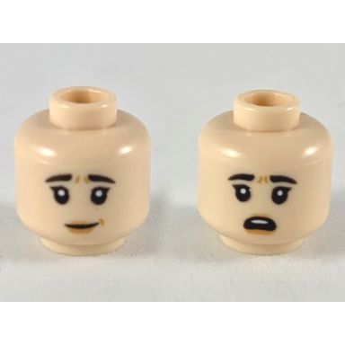 light nougat minifigure head dual sided female black eyebrows peach lips worried smile surprised pattern