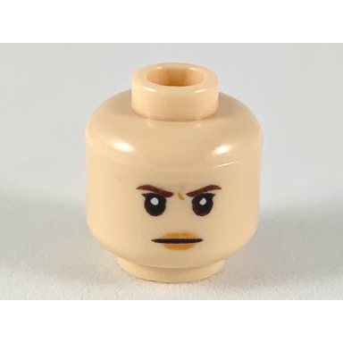 light nougat minifigure head female dark brown eyebrows dark orange wrinkle between eyes peach lips pattern