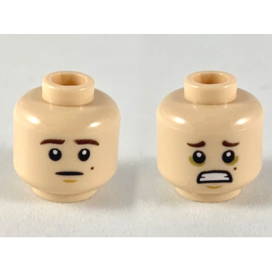 light nougat minifigure head dual sided dark brown eyebrows mole on left cheek neutral scared pattern