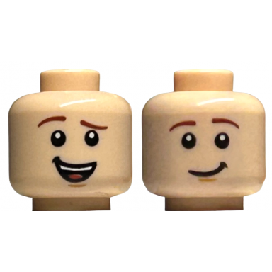 light nougat minifigure head dual sided reddish brown eyebrows lopsided open mouth smile with teeth and tongue lopsided grin pattern