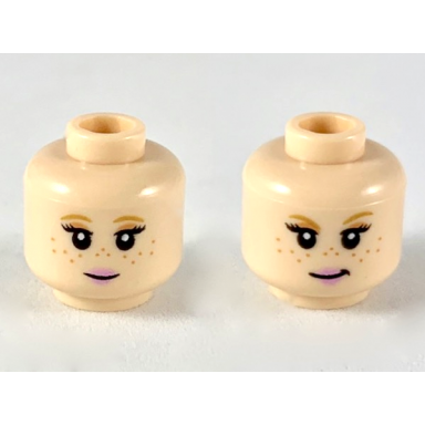 light nougat minifigure head dual sided female medium nougat eyebrows and freckles pink lips neutral small smirk pattern
