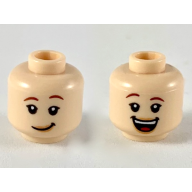 light nougat minifigure head dual sided female reddish brown eyebrows peach lips lopsided grin wide open smile pattern