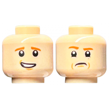 light nougat minifigure head dual sided dark orange eyebrows medium nougat chin dimple lopsided open mouth smile with teeth angry with frown pattern