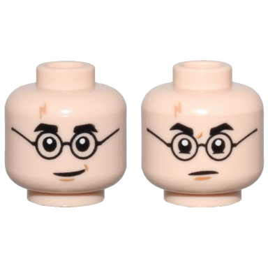 light nougat minifigure head dual sided black eyebrows and glasses medium nougat lightning scar and chin dimple grin stern pattern