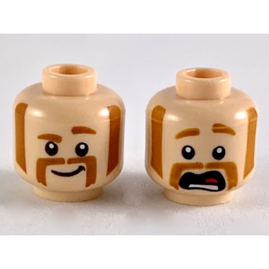 light nougat minifigure head dual sided dark orange eyebrows muttonchops and horseshoe moustache smile with raised eyebrow scared pattern