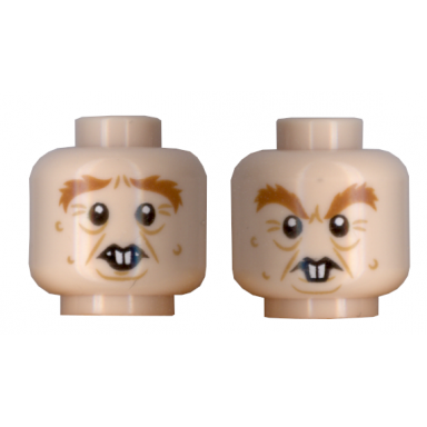 light nougat minifigure head dual sided crows feet bushy eyebrows and rodent teeth pattern peter pettigrew