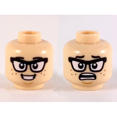 light nougat minifigure head dual sided black eyebrows and glasses reddish brown freckles smile scared pattern