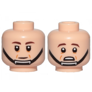 light nougat minifigure head dual sided dark brown eyebrows black chin strap cheek lines neutral scared with wrinkles below eyes pattern