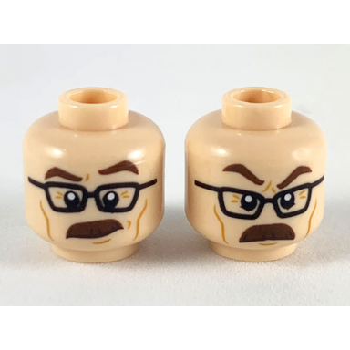 light nougat minifigure head dual sided reddish brown eyebrows and moustache black glasses surprised with eyebrow raised angry pattern