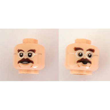 light nougat minifigure head dual sided dark brown bushy eyebrows moustache silver round glasses open mouth shocked pattern