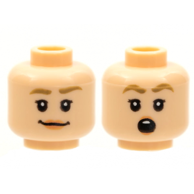 light nougat minifigure head dual sided female dark tan eyebrows nougat lips smile surprised open round mouth with top teeth pattern