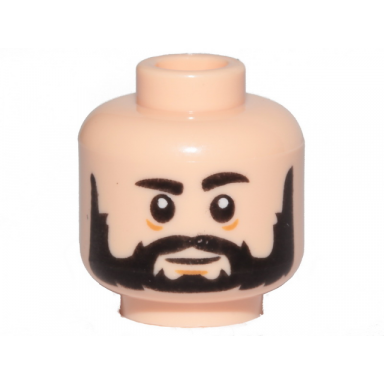 light nougat minifigure head beard black full black eyebrows white pupils medium nougat lines under eyes and chin pattern