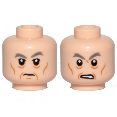 light nougat minifigure head dual sided dark bluish gray eyebrows eye bags cheek lines chin dimple grin angry pattern sw general pryde
