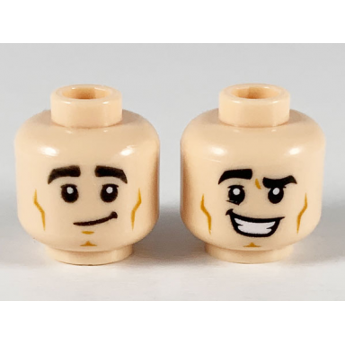light nougat minifigure head dual sided black eyebrows lopsided grin large smile with raised right eyebrow pattern