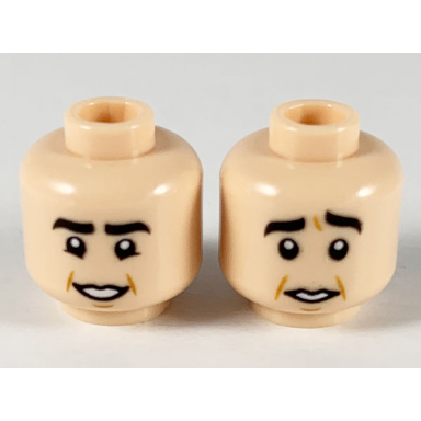 light nougat minifigure head dual sided thick black eyebrows low mouth smile worried pattern