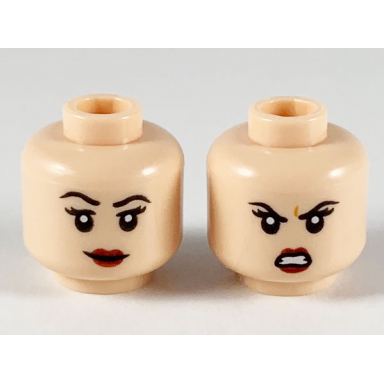 light nougat minifigure head dual sided female black eyebrows dark red lips smile with raised right eyebrow scowl pattern