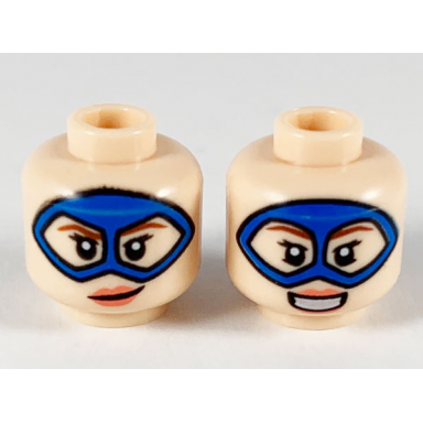 light nougat minifigure head dual sided female blue domino mask reddish brown eyebrows coral lips lopsided grin open smile pattern