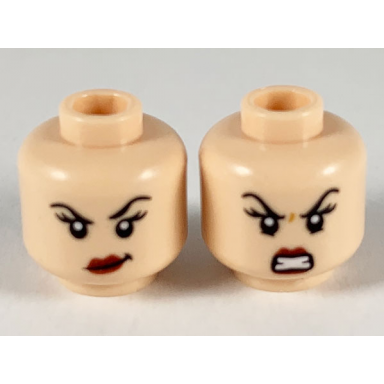 light nougat minifigure head dual sided female black eyebrows dark pink lips smirk with raised left eyebrow fierce scowl pattern