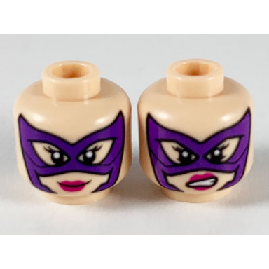 light nougat minifigure head dual sided female dark purple mask magenta lips smile scowl showing teeth pattern