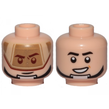 light nougat minifigure head dual sided dark tan visor stern black eyebrows chin strap open mouth grin pattern sw t-16 skyhopper pilot